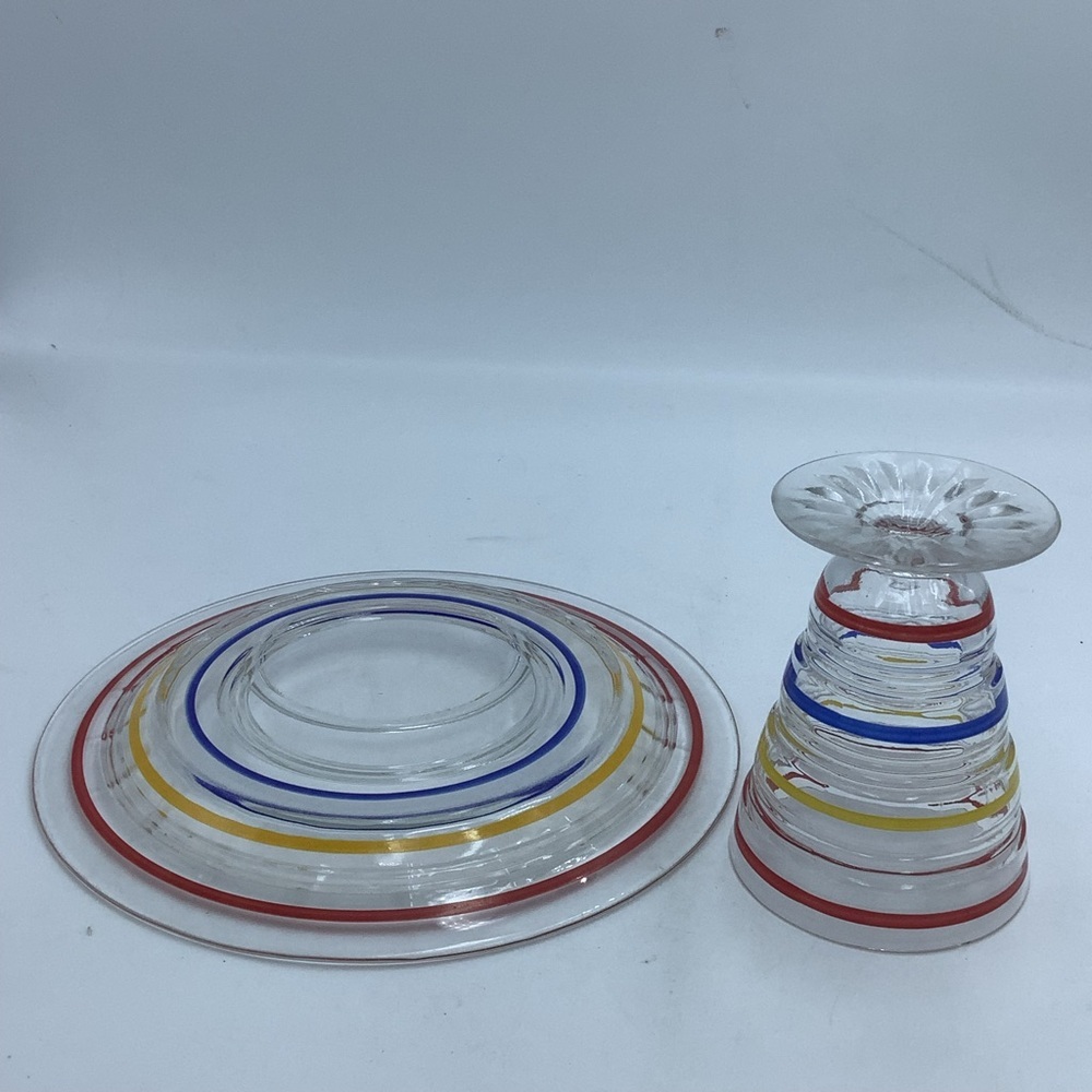 Set of Three Vintage Striped Glass Cordials and Snack Plates - Picture 4 of 11